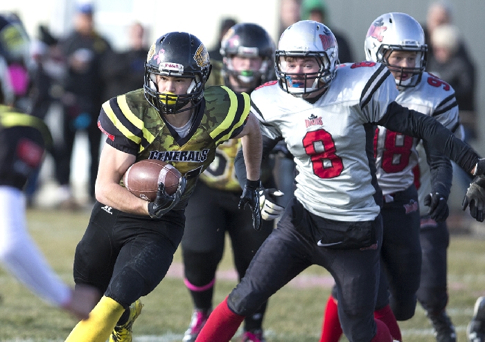 Kim Poole took this great photo as the Moosomin Generals defeated the Parkwest Outlaws 84-6 in the RMFL Semifinal at the Generals Battlefield Saturday